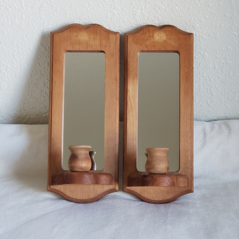 Vintage Wooden Mirrored Wall Sconces
